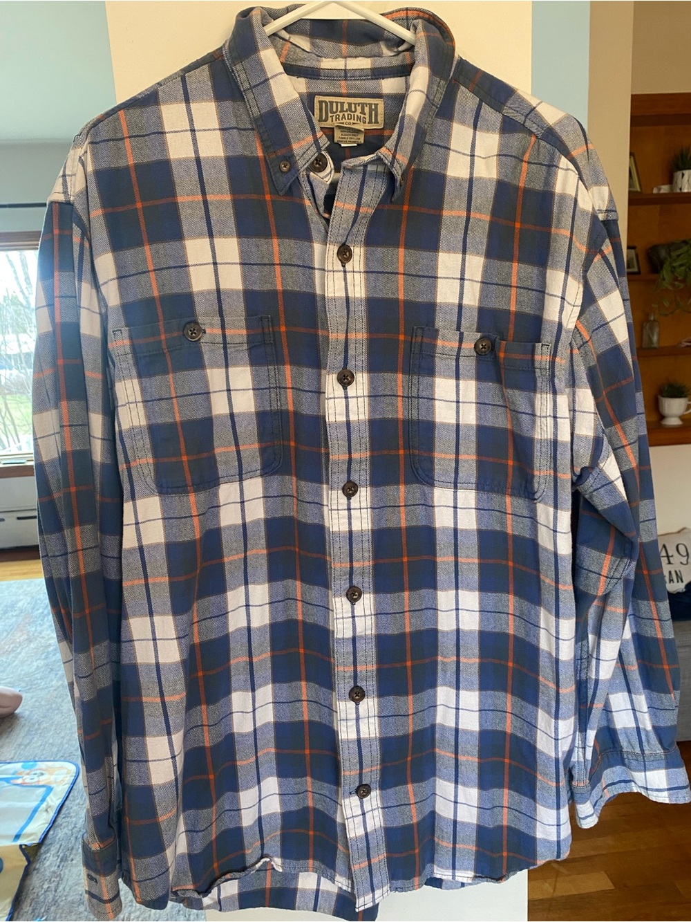 Duluth Trading Co Blue and White Plaid Button-Down Shirt with Orange Accents